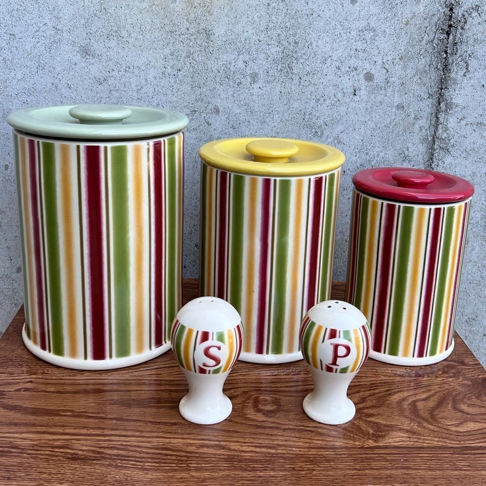Vintage April Cornell For Silvestri Stoneware Canister Salt Pepper Shaker Set